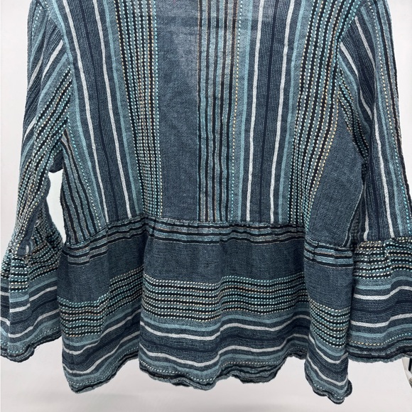 Blue Rain Blue/White Woven Babydoll Tunic Ruffle Hem Bell Sleeve Blouse, Size XL - Picture 2 of 8